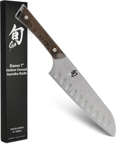 Shun Kanso Santoku - Cuchillo de cocina multiusos con hoja de acero inoxidable de 7 pulgadas y mango de madera, diseño tradicional asiático hecho a