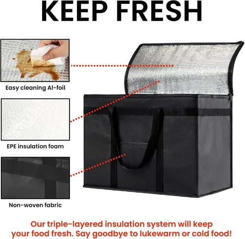 Miniatura 47 de NZ home Bolsa térmica XXL aislada y calentador de alimentos para entrega y compras de comestibles con parte superior con cremallera, color negro