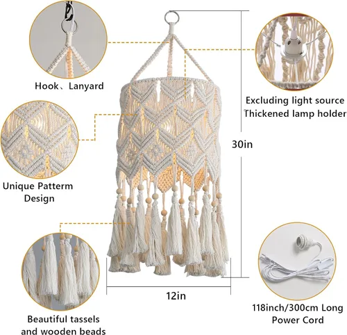 Miniatura 5 de Bioaqua Pantalla de Lámpara Colgante Boho, Luz Colgante de Macramé, Luminaria Boho Hecha a Mano con Cable de Enchufe para Hogar, Sala de Estar