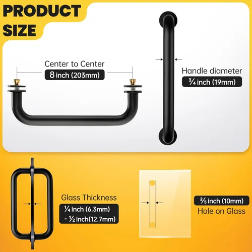 Miniatura 6 de Kolet Manija para Puerta de Ducha, Manija de Puerta de Ducha de Vidrio de 8 Pulgadas de Centro a Centro, Acero Inoxidable 304, Compatible con Vidrio