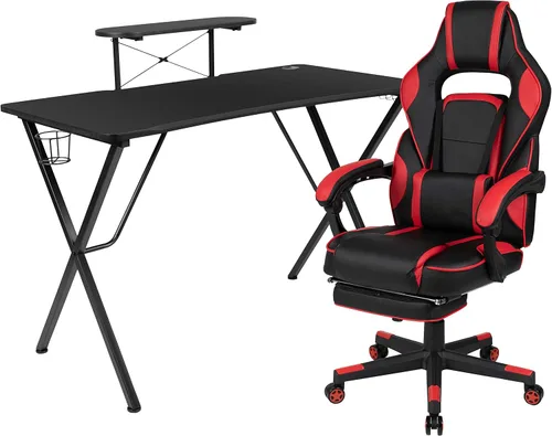 Miniatura 31 de Flash Furniture Juego de escritorio para juegos negro y silla de carreras blanco/negro con soporte para tazas, gancho para auriculares y soporte