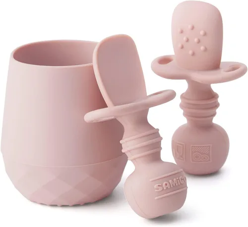 Miniatura 9 de SAMiGO Utensilios de silicona para bebés – Cucharas de autoalimentación y pequeña taza de entrenamiento – Suministros de destete LED para bebés