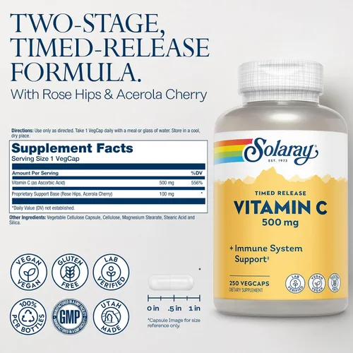 Miniatura 2 de SOLARAY Vitamina C con escaramujos y acerola 500 mg Función inmunológica saludable de liberación temporal, apoyo para la piel, el cabello