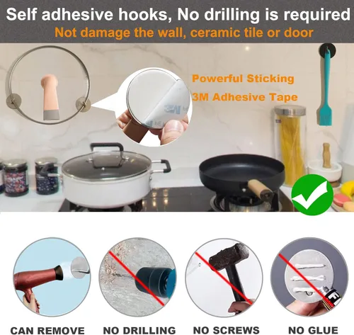 Miniatura 3 de Ganchos adhesivos plateados para pared, sin daños, resistentes, 15 libras (máx.), paquete de 8 unidades, ganchos adhesivos para colgar, acero