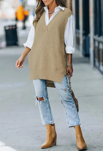 Miniatura 4 de Selowin Suéter de punto trenzado con cuello en V para mujer suéter holgado