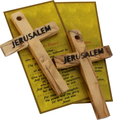 Miniatura 3 de Holy Land Market Par de cruz de madera de olivo, colgante de pared de 4 pulgadas de Belén, decoración religiosa hecha a mano