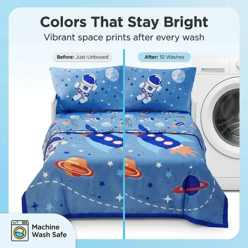 Miniatura 3 de EVERYDAY KIDS Juego de ropa de cama de 4 piezas para niños pequeños – Aventuras del espacio exterior – Incluye edredón, sábana encimera, sábana