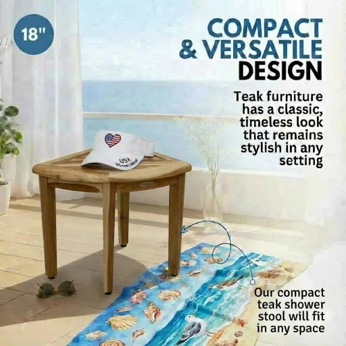 Miniatura 5 de EcoDecors SnazzyCorner - Banco de ducha impermeable de madera de teca para el interior, proporciona seguridad, almacenamiento y organización
