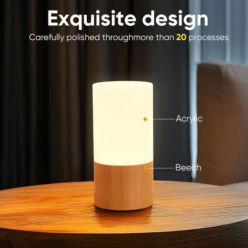 Miniatura 6 de LONRISWAY Lámpara de mesa de madera LED pequeña, luz de noche de noche para dormitorio, iluminación LED regulable, decoración creativa