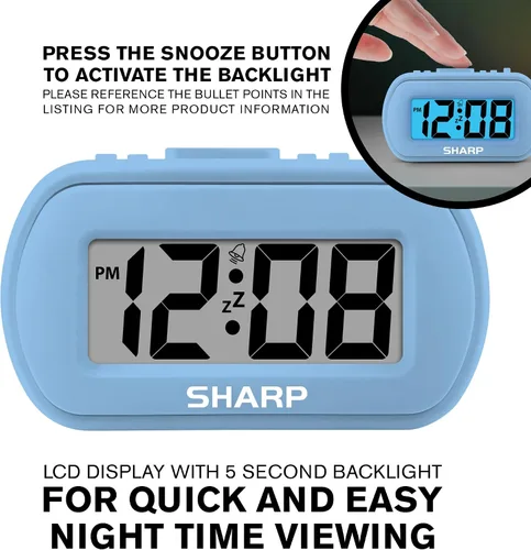 Miniatura 5 de Sharp Reloj despertador digital – Caja táctil con acabado de goma suave – Funciona con pilas – Retroiluminación azul bajo demanda – Alarma