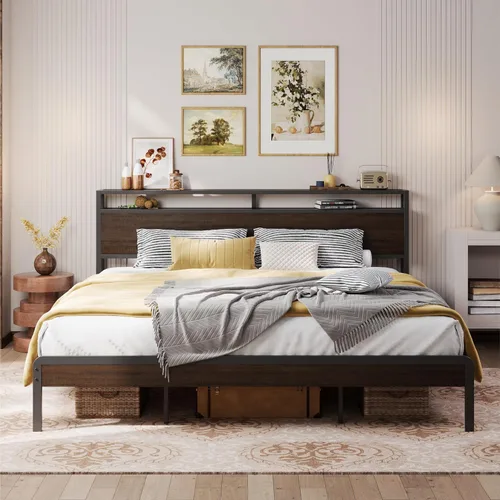 Miniatura 18 de LIKIMIO Marco de Cama King con Cabecero, Marco de Cama King de Madera Oscura con Soportes Fuertes, Resistente, Sin Ruido, No Necesita Somier, Nogal