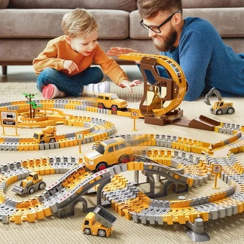 Miniatura 7 de iHaHa 299 piezas de pistas de carreras de construcción para niños, 6 piezas de autos de ingeniería y pista de carreras flexible crea un camino
