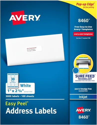 Avery etiquetas para direcciones separa-fácil para impresoras de inyección de tinta 1" x 2 5/8", caja de 3000 (8460)