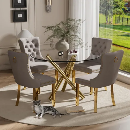 Miniatura 51 de Juego pequeño de mesa redonda con tapa de vidrio transparente para 2, 36'' Juego moderno de lujo para cenas circulares, 3 piezas Juego minimalista