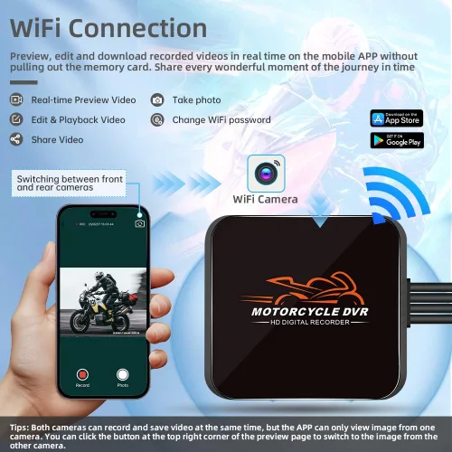 Miniatura 2 de VSYSTO Cámara WiFi para salpicadero de motocicleta, 2 canales, lente gran angular de 130°, visión nocturna frontal y trasera HD 1080P, sistema DVR