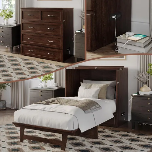 AFI, Northfield Murphy Bed - Baúl de cama Twin XL con colchón de 6", cajón de almacenamiento y cargador USB integrado, ámbar quemado