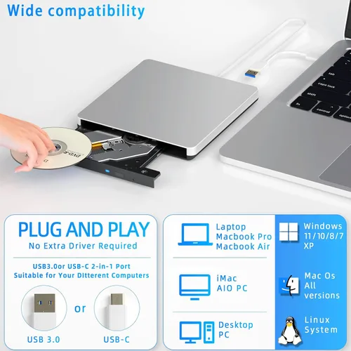 Miniatura 5 de Dainty Externo compatible con Bluray Drive Compatible con lectura DVD CD BD Drive, adecuado para USB 3.0 y puerto tipo C, Windows XP/7/8/10/11MacOS