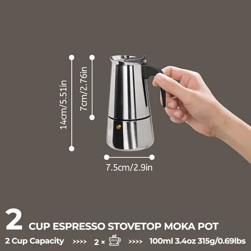 Miniatura 2 de Olla de Moka de 2 Tazas 100ml, Cafetera de Espresso de Acero Inoxidable, Cafetera de Percolador para Estufa, Cafetera Italiana de Estilo Clásico