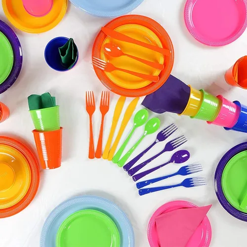 Miniatura 7 de Party Solids 350 Piezas Platos de Plástico Blanco Para Fiestas, Juego de Platos Desechables Blancos, 50 de Cada Juego de Platos para Cena de 9