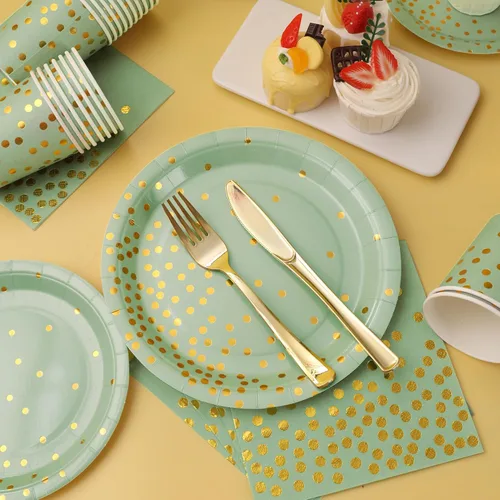 Miniatura 3 de 175 platos y servilletas de color verde salvia, suministros para fiestas, platos de papel verde salvia para 25 invitados, juegos de platos Verde