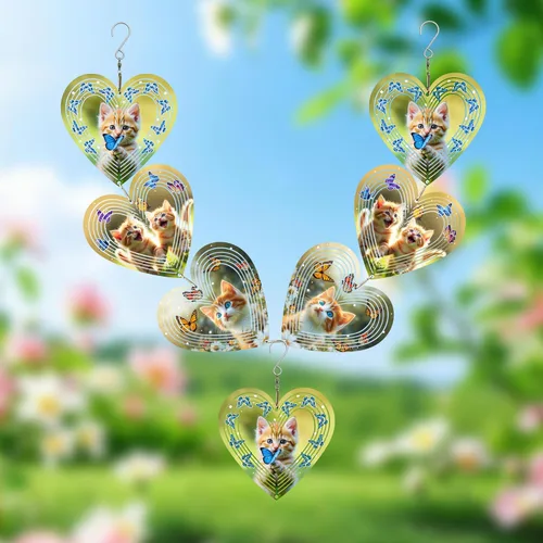 Miniatura 4 de Molinillos de viento para exteriores, repelente de pájaros, corazones 3D con patrón de gato colgante, 15 pulgadas, cinético, metal de acero