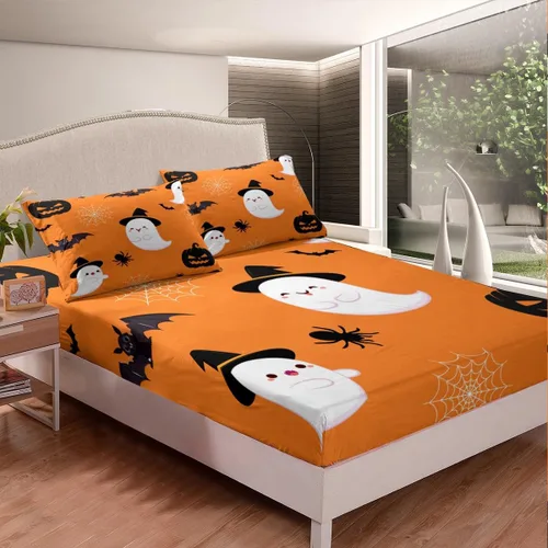 Miniatura 2 de Erosebridal Divertida sábana bajera ajustable de Halloween para niños, lindo juego de ropa de cama de calabaza fantasma, decoración de Halloween