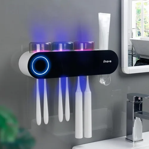 iHave Soportes para cepillos de dientes eléctricos de pared con 3 vasos, esterilizador UV, dispensador de pasta dental, accesorios y decoración de