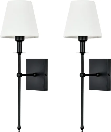 Pauwer Juego de 2 apliques de pared delgados de tela blanca, aplique de pared para interiores, soporte de columna, lámparas de pared para Negro