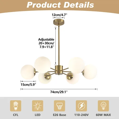 Miniatura 2 de KCO Candelabro Sputnik de Globo de 6 Luces Vidrio Esmerilado Candelabro Moderno Dorado Lámpara de Techo de Mediados de Siglo Candelabros Sputnik 6