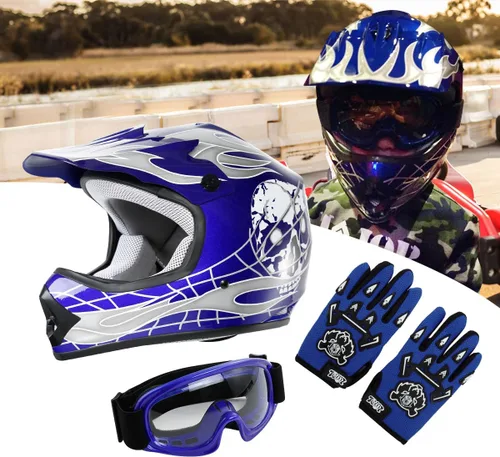 Miniatura 7 de DOT para jóvenes y niños, Casco de motocross, todoterreno, para bicicleta de calle, con gafas y guantes, ATV, Mx, Casco Calavera