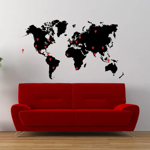 Miniatura 2 de Calcomanía de pared con mapa del mundo grande con gotas de alfileres, mapa negro con pines rojos, negros, blancos y grises, 60 x 100 pulgadas. Fácil