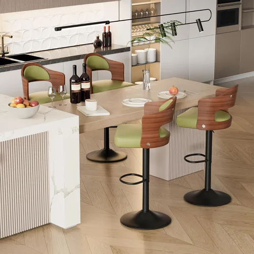 Miniatura 10 de Juego de 2 taburetes de bar giratorios, taburetes de bar de madera tapizados en cuero PU con respaldo y reposapiés, asiento de altura ajustable