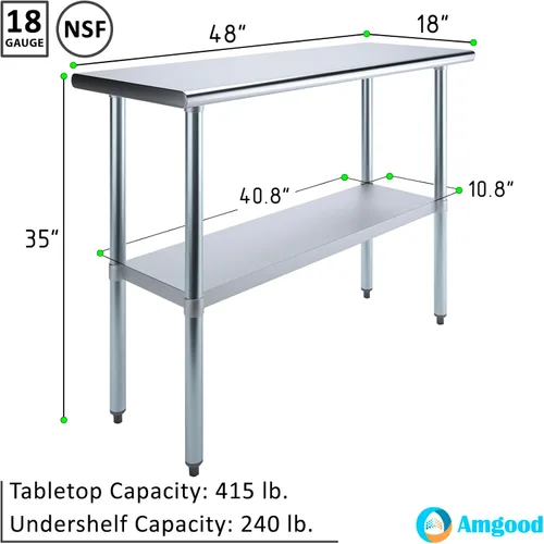 Miniatura 3 de Mesa de trabajo de acero inoxidable de 18 x 48 pulgadas AmGood Mesa de preparación de alimentos de metal NSF