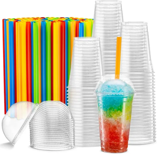 Vasos de PET transparentes con tapas de cúpula y pajitas para café helado, batido, bebidas frías, tazas de granizado, batidos, batidos, helado,