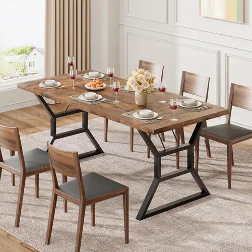 Miniatura 9 de GarveeHome Mesa de comedor grande de 70.9 pulgadas para 6, mesa de cocina rectangular con patas de metal resistentes, mesa de comedor de madera