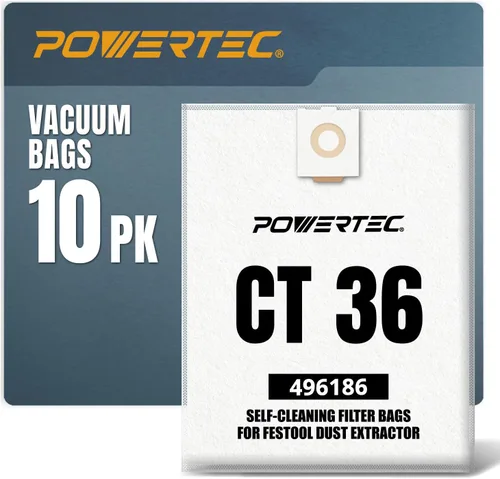 POWERTEC 496186 Bolsa de filtro autolimpiante para extractor de polvo Festool CT36, CT36E, 10 unidades, bolsas de vacío de repuesto, bolsas de
