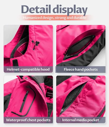 Miniatura 7 de CREATMO US Chaqueta de esquí impermeable de montaña para mujer, resistente al viento, chaqueta de snowboard cálida para invierno