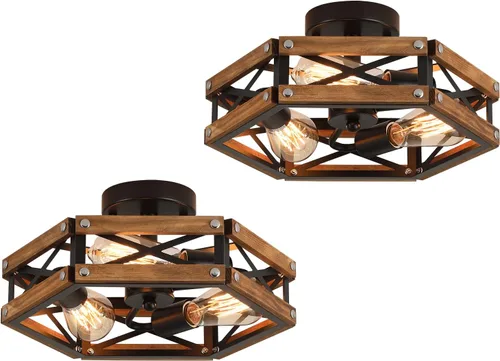 Miniatura 8 de Lámpara de techo de madera rústica de 3 luces, de madera de roble y jaula de metal, lámpara de techo semiempotrada para pasillo, pasillo, entrada