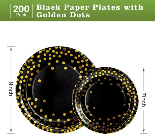 Miniatura 2 de Lullaby 200 piezas de platos de papel negros, plato de papel negro y dorado, 100 piezas de platos de cena de 9", 100 piezas de platos de postre