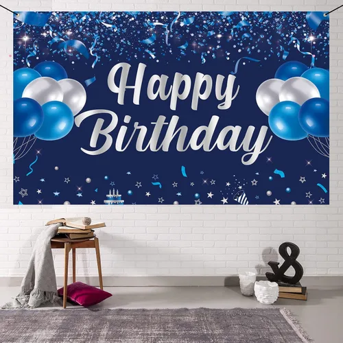 Miniatura 8 de Trgowaul Pancarta de Feliz Cumpleaños, Decoraciones de Fiesta de Cumpleaños Azul y Plateado, Suministros de Fiesta para Hombres, Mujeres y Niños