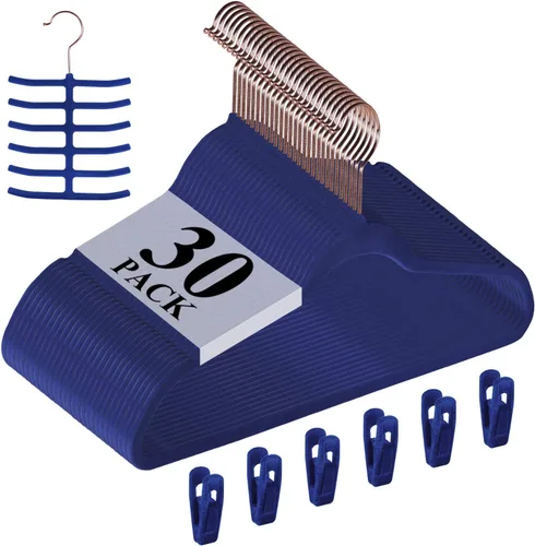 Miniatura 33 de VECELO Perchas de terciopelo de alta calidad resistentes (paquete de 60), antideslizantes y ahorran espacio con 8 clips para los dedos y soporte
