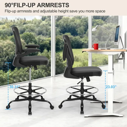 Miniatura 4 de Silla de Dibujo Silla Alta de Oficina con Asiento de Cuero PU, Silla de Escritorio Ergonómica de Pie de 400lbs con Soporte Lumbar, Taburete