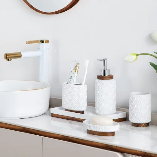 Miniatura 2 de RQYIXI Juego de accesorios de baño, 6 piezas, soporte para cepillos de dientes, dispensador de jabón, juego de baño de cerámica y madera, con bote