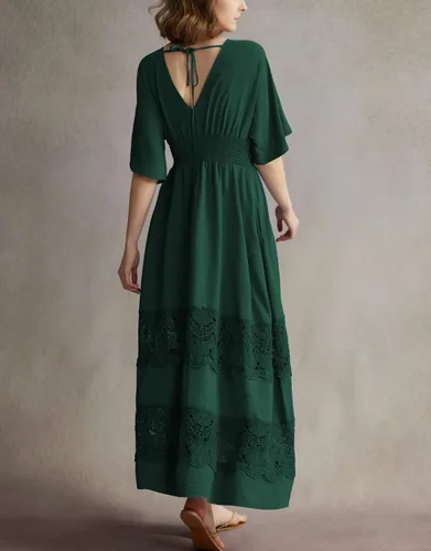 Miniatura 35 de Vestido largo de encaje para mujer de manga corta y cuello en V, vestido de fiesta estilo bohemio con cintura fruncida, vestido bohemio para mujer