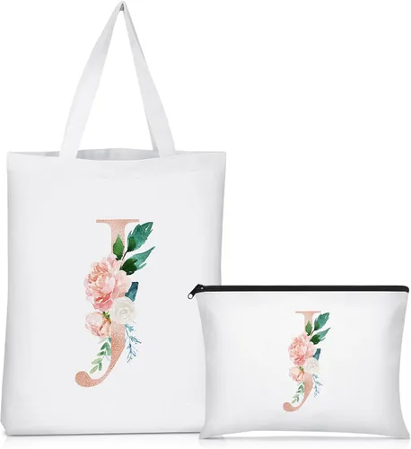 Miniatura 20 de Sanwuta 2 bolsas de lona con inicial, diseño floral con letras florales, bolsas de cosméticos de viaje, bolsas con monograma para mujer, mujer