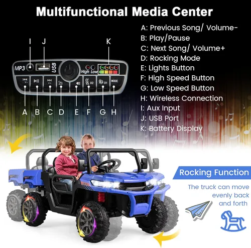 Miniatura 3 de Costzon Camión volquete con control remoto, UTV eléctrico de 12 V para niños con cama volquete eléctrica, función de balanceo, pala, 4 suspensiones