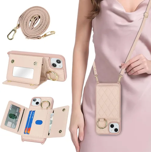 Miniatura 16 de Funda para iPhone 14 Plus con tarjetero y correa para mujer, cordón cruzado, espejo de maquillaje, soporte de anillo, cierre a presión, bonitas Rosa