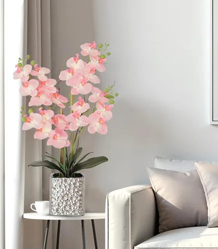 Miniatura 6 de Flores artificiales de orquídea con jarrón plateado, flores de falaenopsis de seda sintética grande para mesa de comedor, centros de mesa florales