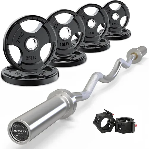 Miniatura 11 de RitFit Barra de rizo EZ de 2 pulgadas con pesas, capacidad de peso de 350 libras, barra olímpica para ejercicios de bíceps, tríceps y levantamiento