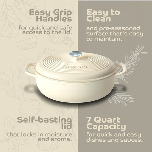 Miniatura 4 de Segretto Cookware Horno holandés ovalado de hierro fundido esmaltado, 7 cuartos de galón blanco Bianco Perla (Off-White)